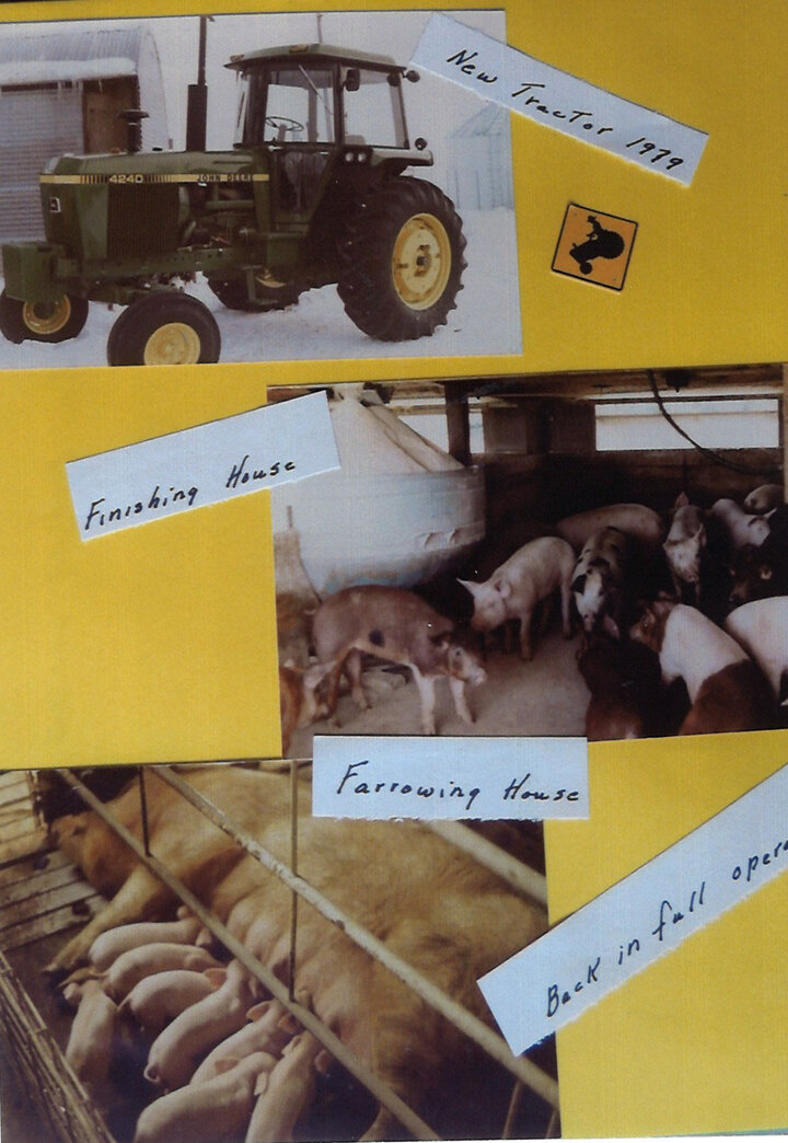 Carlson scrapbook page from 1979 showing tractor and pigs