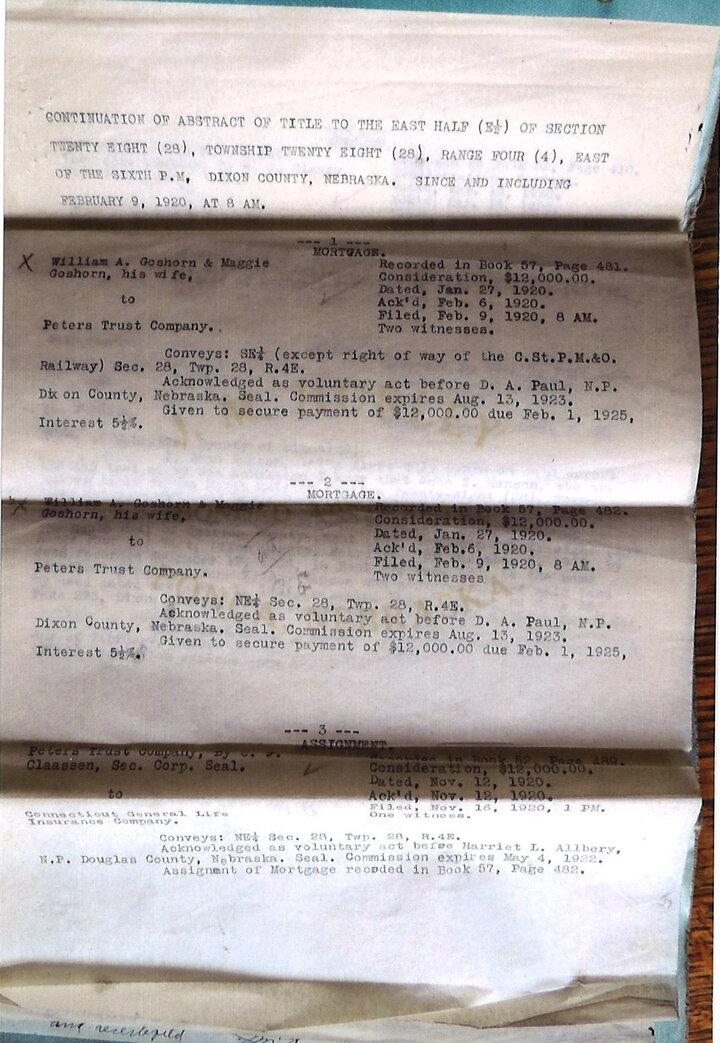 Pictured is the abstract for the 80 acres of land connected with the Land Grant Act that Fritz Carlson purchased