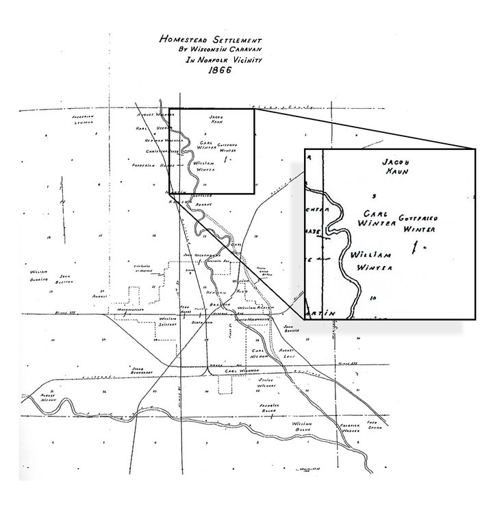 This map shows where Carl, Wilhelm and Gottfried’s land was along the Elkorn River